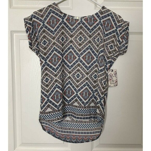 Pink Republic Women’s XS Orange Blue White Geometric Zip Blouse Top New - Picture 1 of 10
